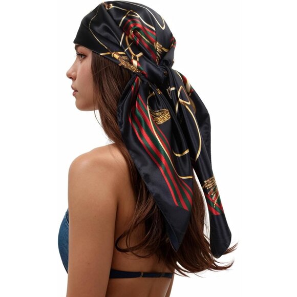 Accessories - Women's Red/Green Head Scarf Like Silk Printed Square Hair Bandanas 35 Inches